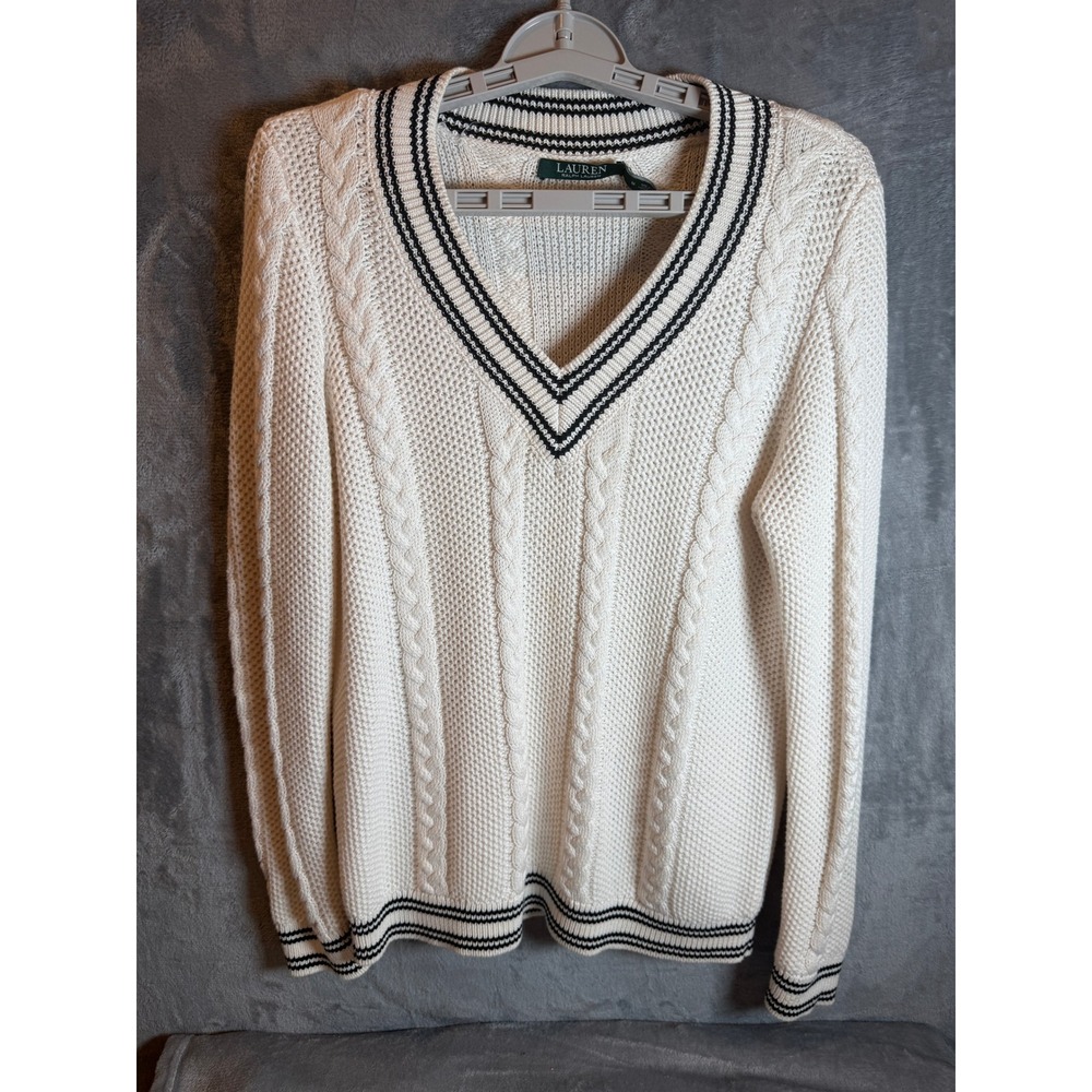 Lauren Ralph Lauren Sweater Womens Medium White Excellent Cable Knit V-Neck